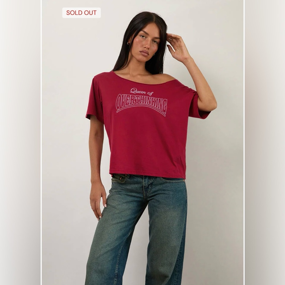 Motel Rocks Scottie Slouchy Tee In Adrenaline Red With Overthinking Graphic
